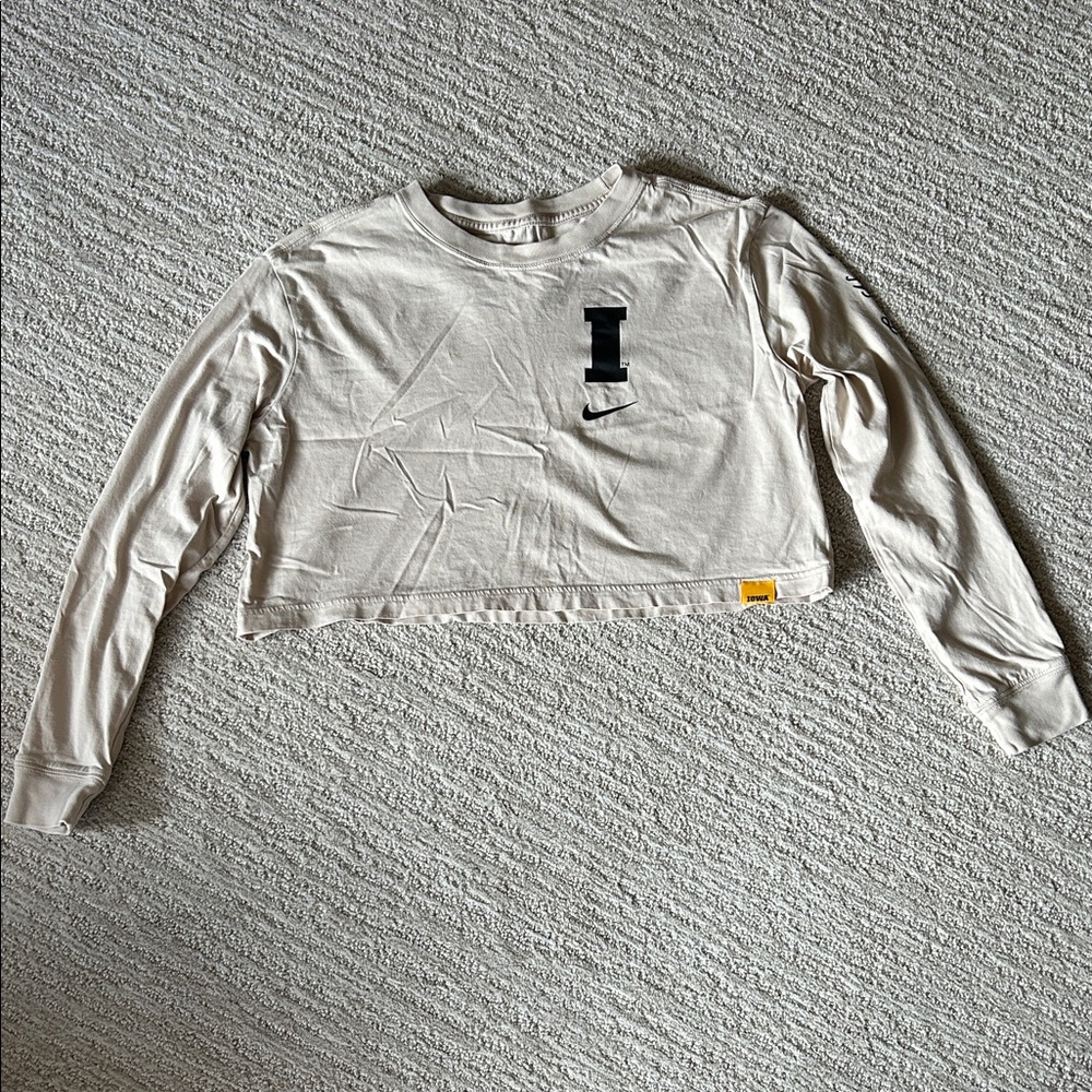 Nike Cream Cropped Long Sleeve Top with Black Logo